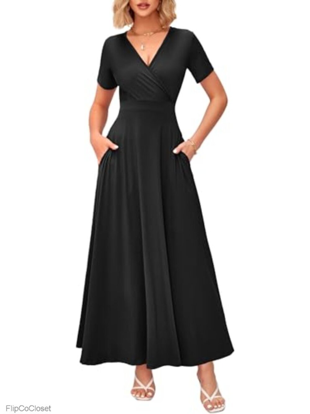 Women's Wrap Maxi Dress Short Sleeve with Pockets